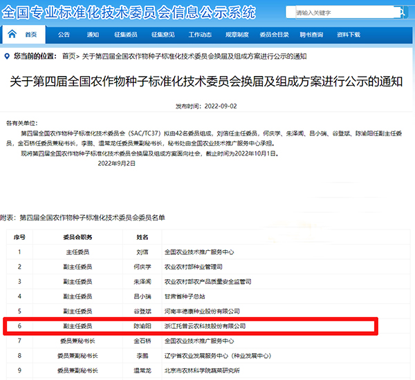 董事长陈渝阳入选全国农作物芭乐视频下载黄色标准化技术委员会副主任委员